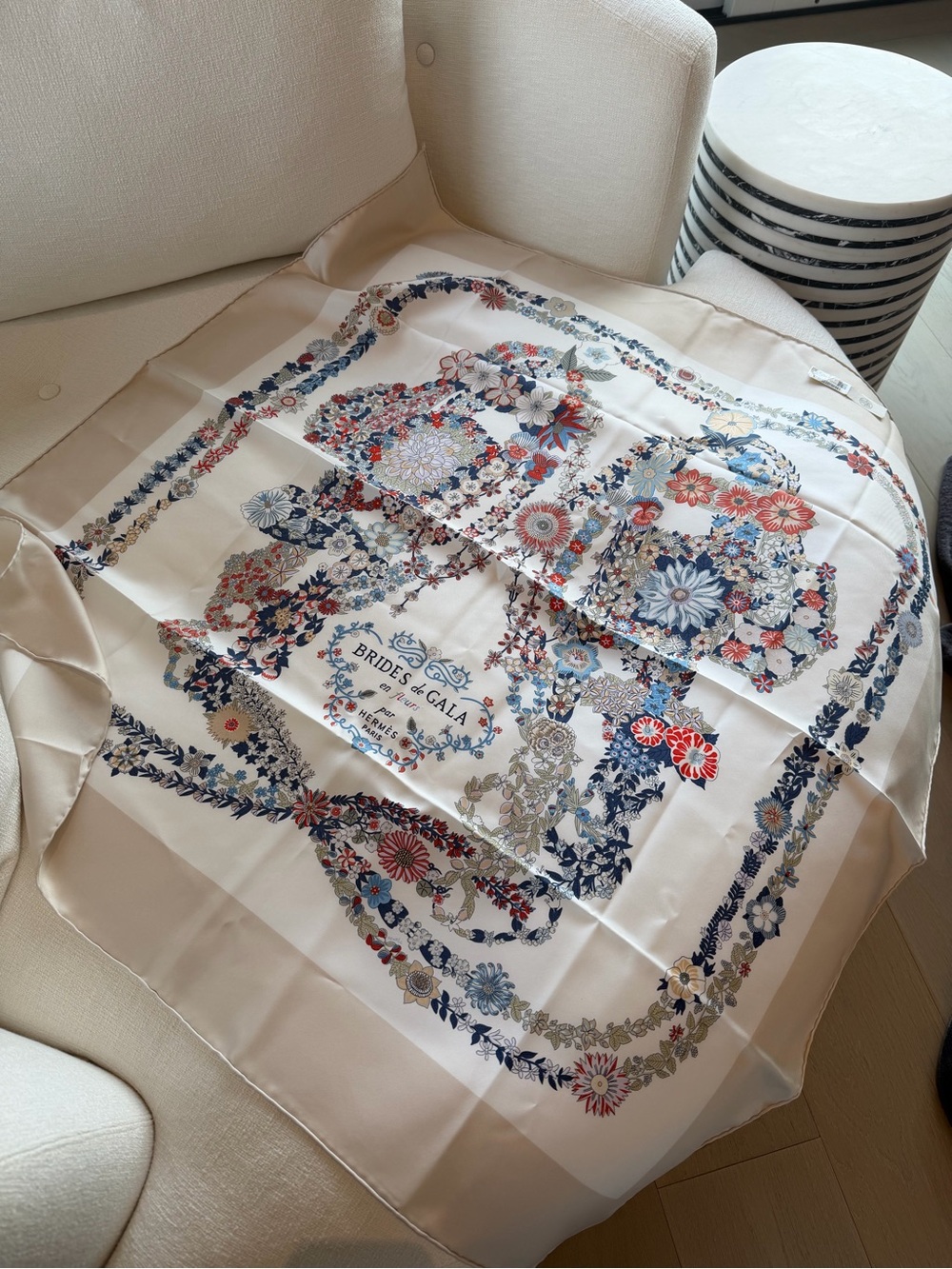 Hermes Brides de Gala Floral Silk Scarf - Cream with Multicolor Floral Print 90